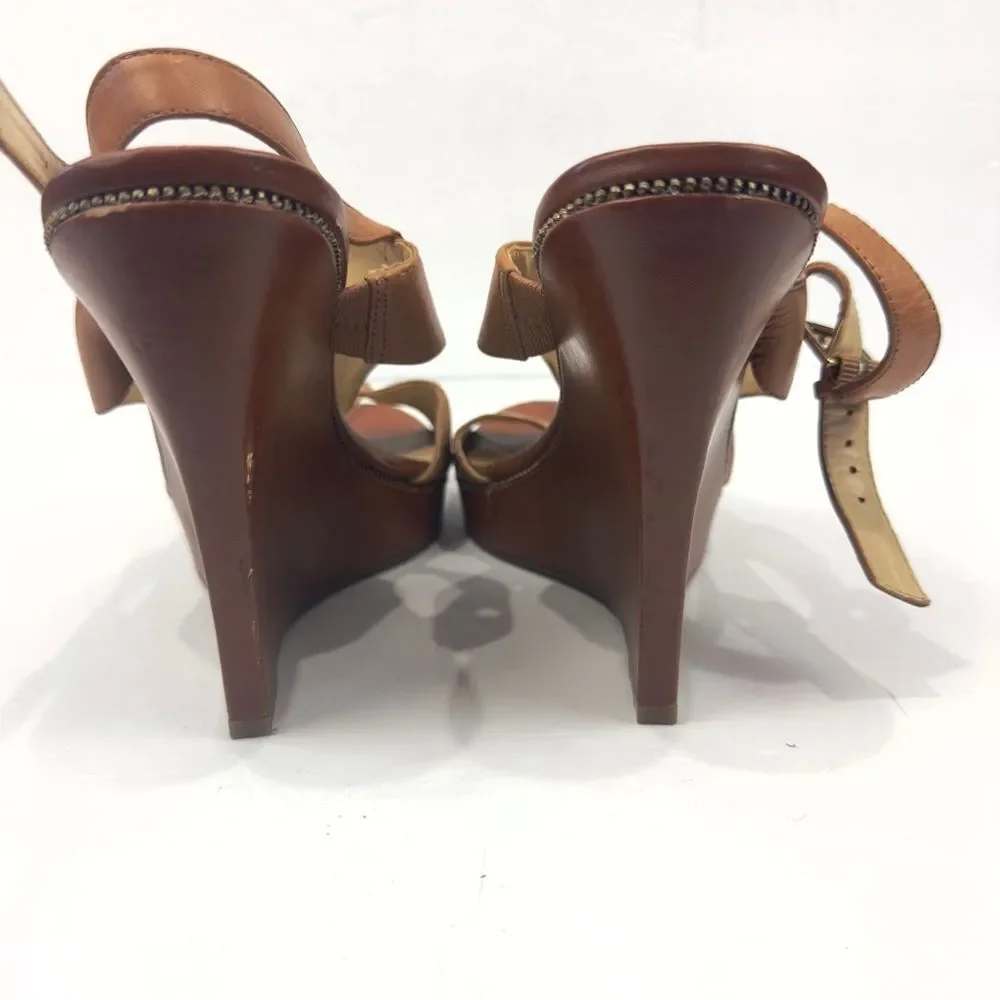 Guess WGFRANCIE Brown Leather Wedge Open Toe Strappy Sandals Women's Sz 10M